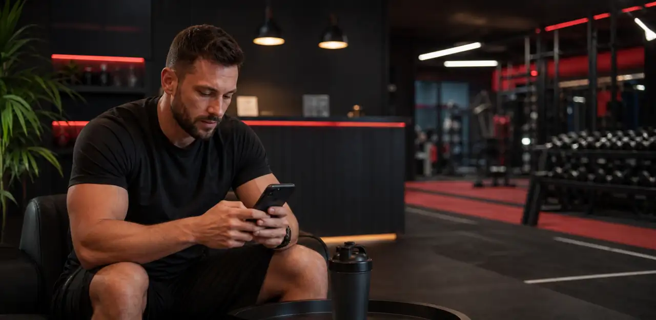 Personal trainer che risponde a un messaggio dal telefono in una palestra