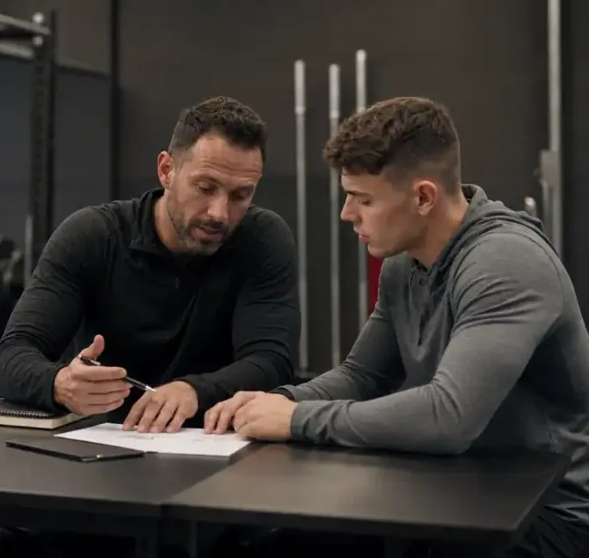 Coach che affianca un personal trainer nella pianificazione del lavoro in palestra