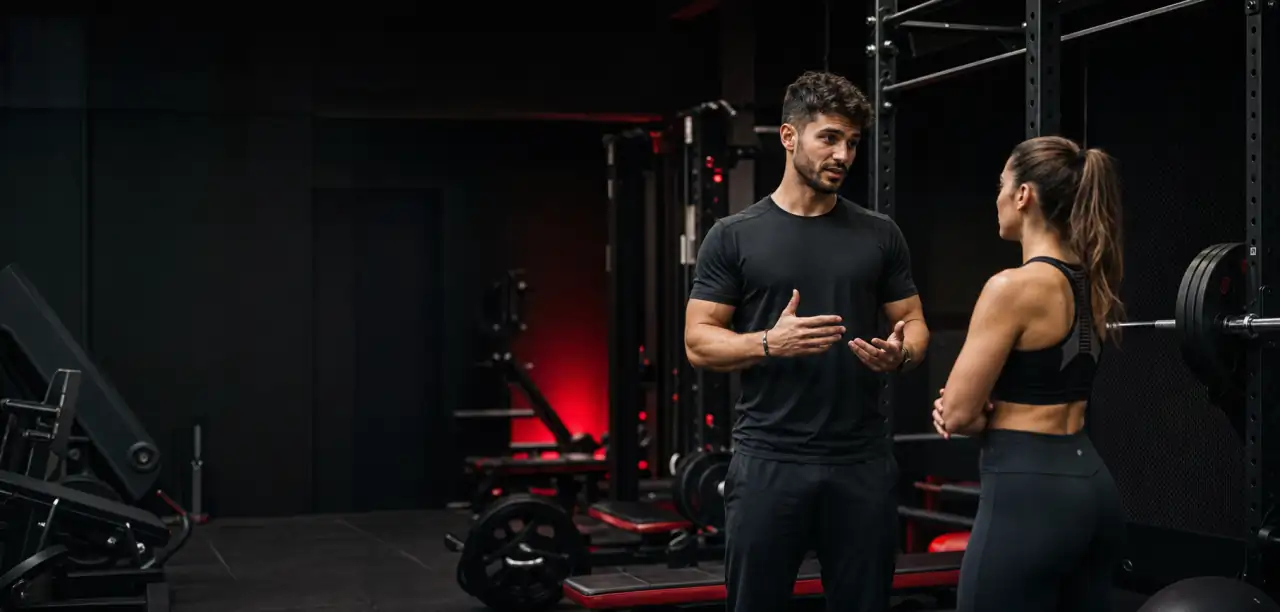 Personal trainer che parla con una cliente in sala pesi
