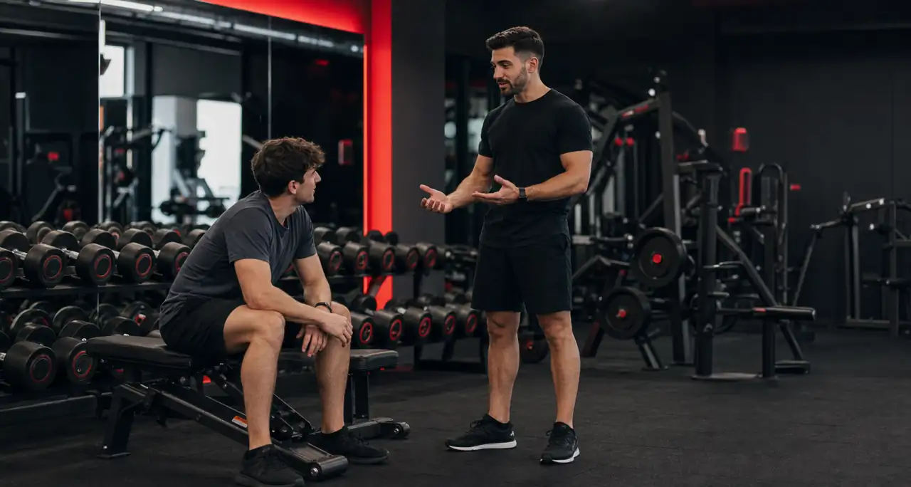 Personal trainer che costruisce relazione con un cliente nella sala pesi
