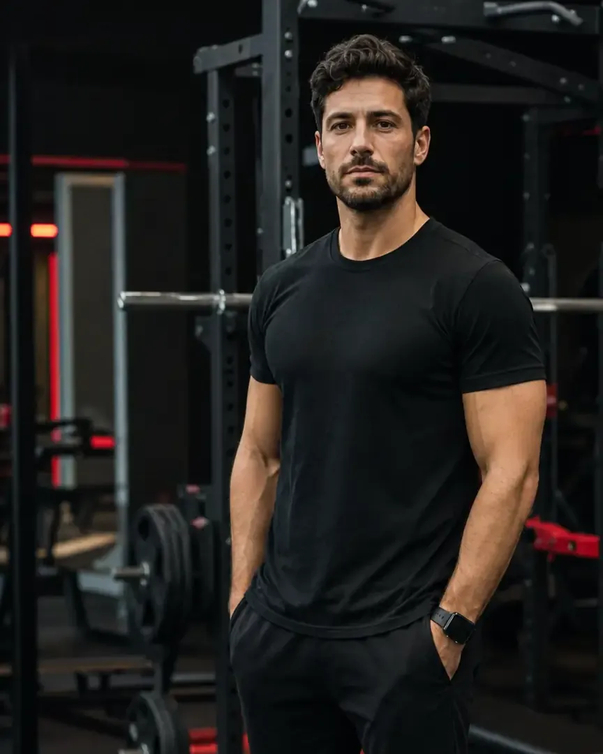 Personal trainer in piedi in sala pesi, pronto a lavorare