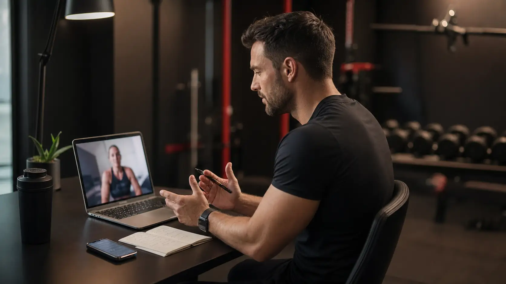 Personal trainer durante una video call di affiancamento con notebook e smartphone su una scrivania