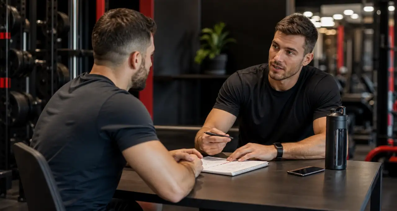 Personal trainer in consulenza con un cliente all'interno della palestra