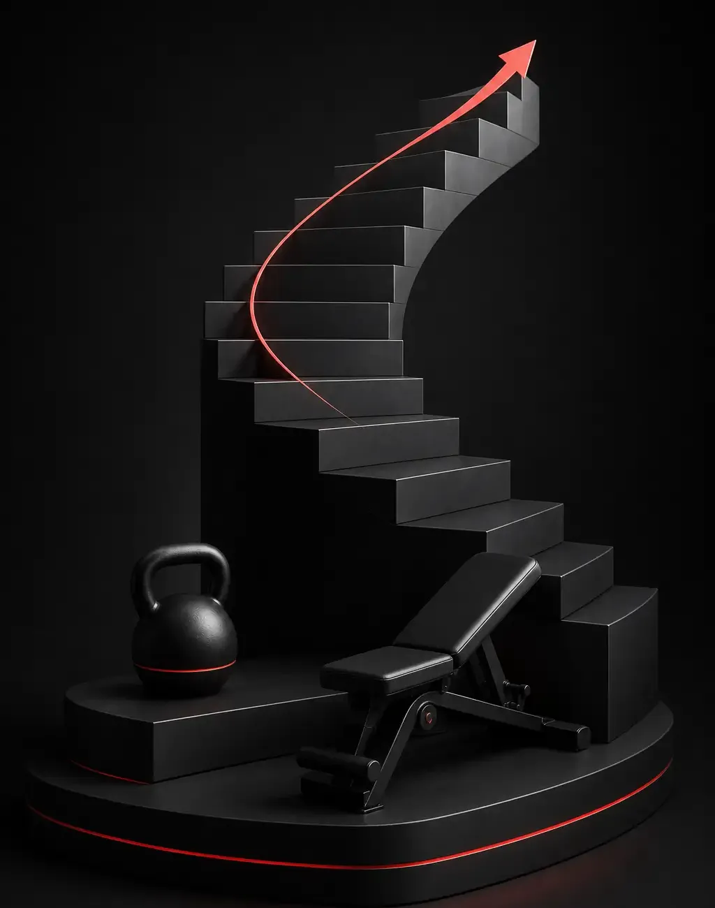 Illustrazione di una scalinata con freccia di crescita, kettlebell e panca da palestra